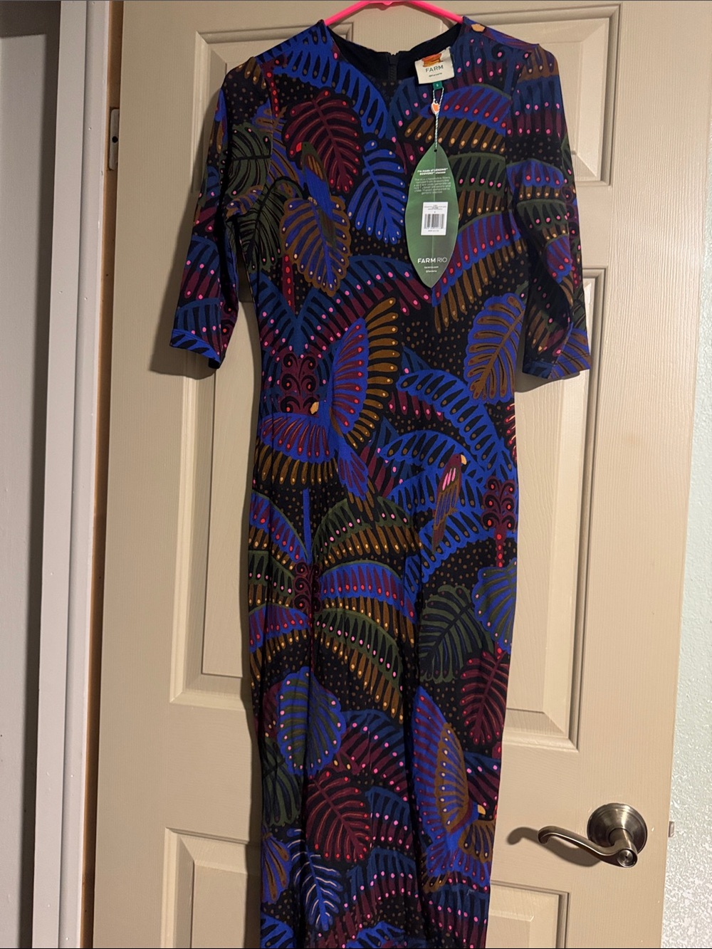 FARM Rio Black Midi Dress with Blue, Purple, Green & Brown Leaf Print
